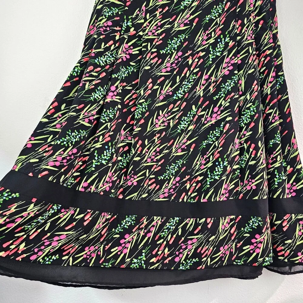 American Vintage Floral Garden Midi Skirt Sz 12 Black Pink Trim Casual Work Boho